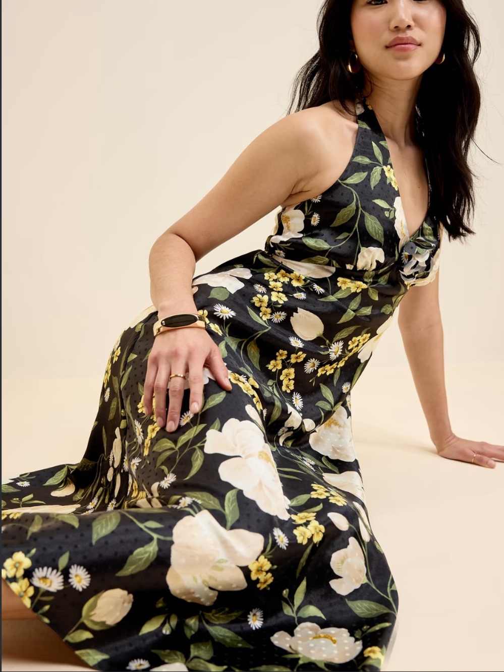 Old Navy Black Floral Satin Halter Midi Dress